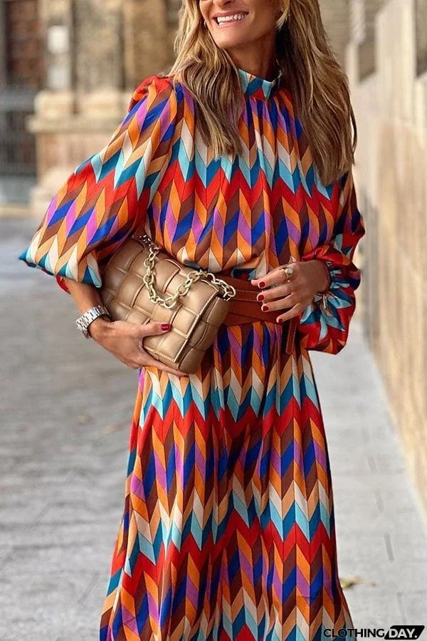 Mid-sleeve Printed Waist A-line Dress