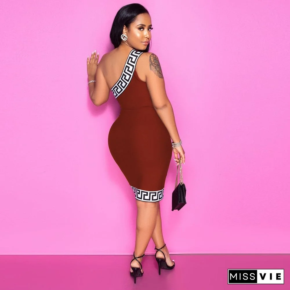 One Shoulder Sleeveless Patchwork Skinny Dress