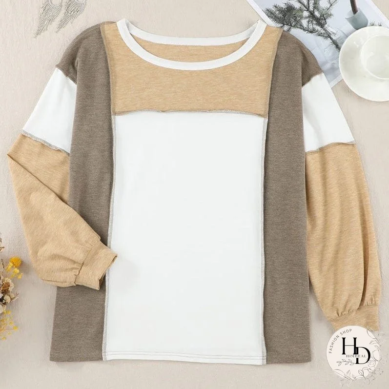 Fashionable Round Neck Lantern Sleeve Pullover In Khaki