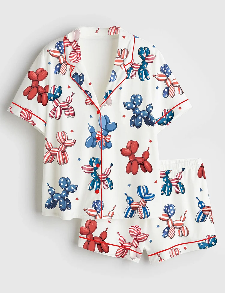 Women&rsquo;s Patriotic Balloon Dog 4th Of July Animal Red White Blue Star USA Print Short Sleeve Satin Pajama Set