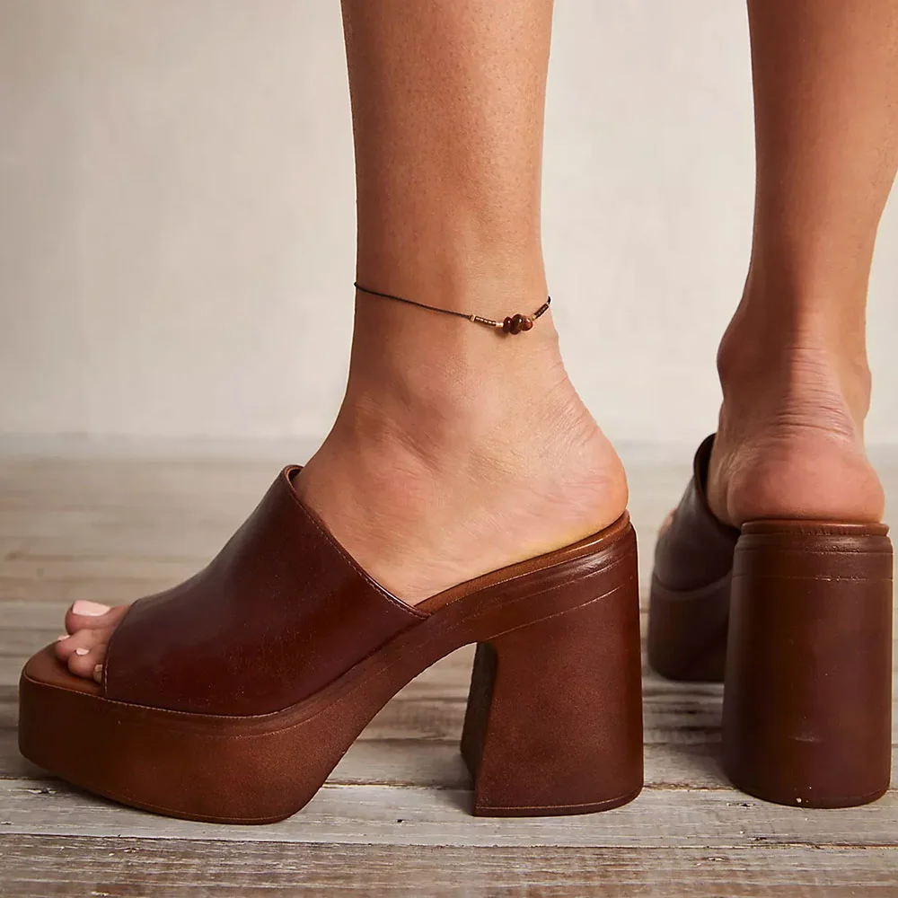 Women's Brown Square Toe Wide Strap Platform Heel Slip On Sandals