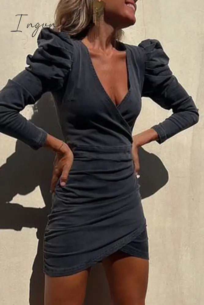 Ingvn - Sexy Simplicity Solid Fold Asymmetrical V Neck Long Sleeve Regular Denim Dresses Grey / S