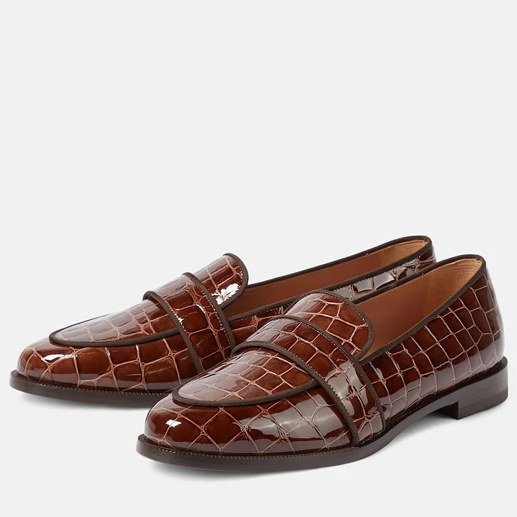 Brown Patent Leather Round Toe Shoes Croco Embossed Women's Loafers |FSJ Shoes