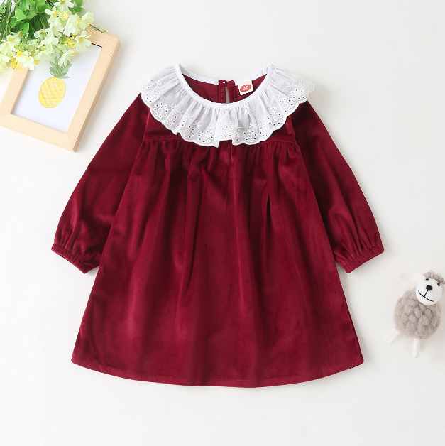 0-6Y Baby Girl Autumn Winter Long Sleeve Red Embroidery Vintage England Princess Velvet Dress for Girls Casual Christmas Party