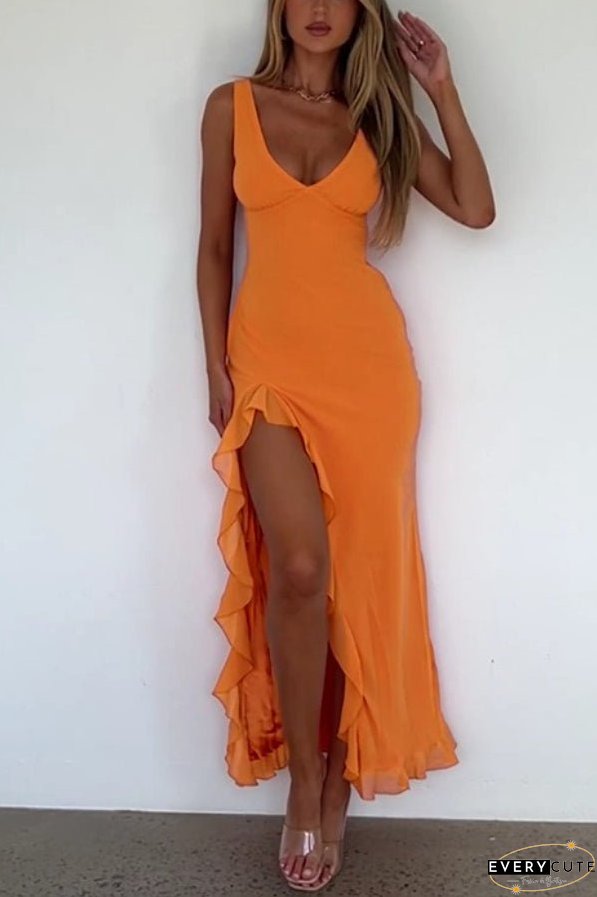 V Neck Slim Fit Ruffled High Slit Maxi Tank Dresses
