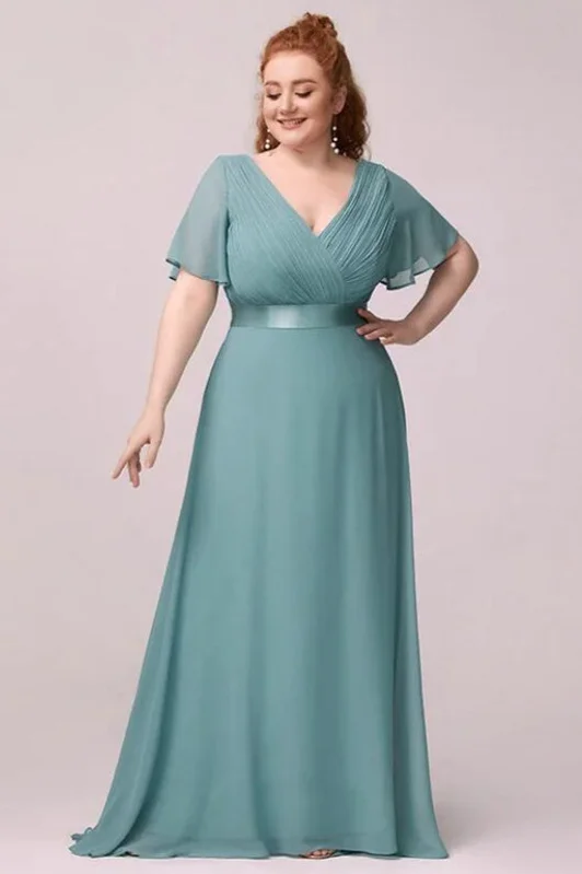 Elegant V-Neck Plus Size Chiffon Evening Dress With Short Sleeves - lulusllly
