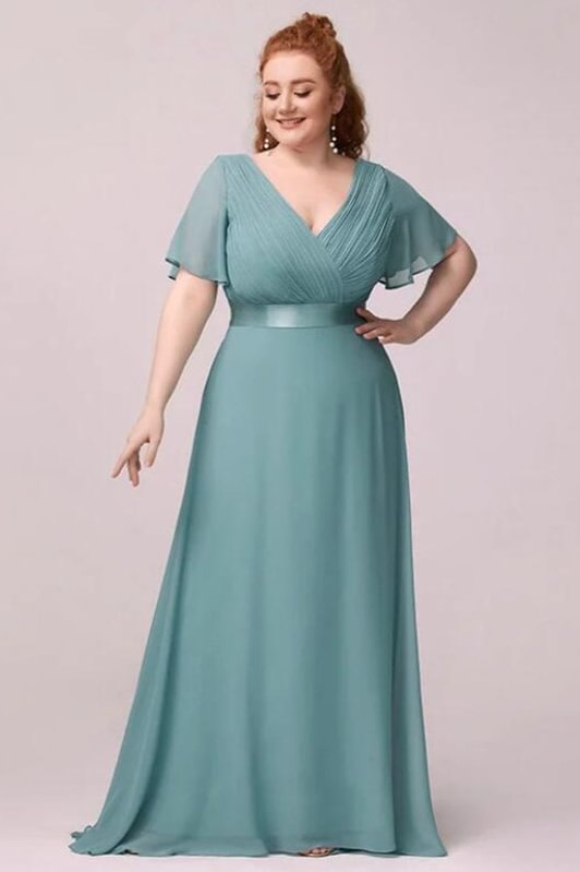 Elegant V-Neck Plus Size Chiffon Evening Dress With Short Sleeves - lulusllly