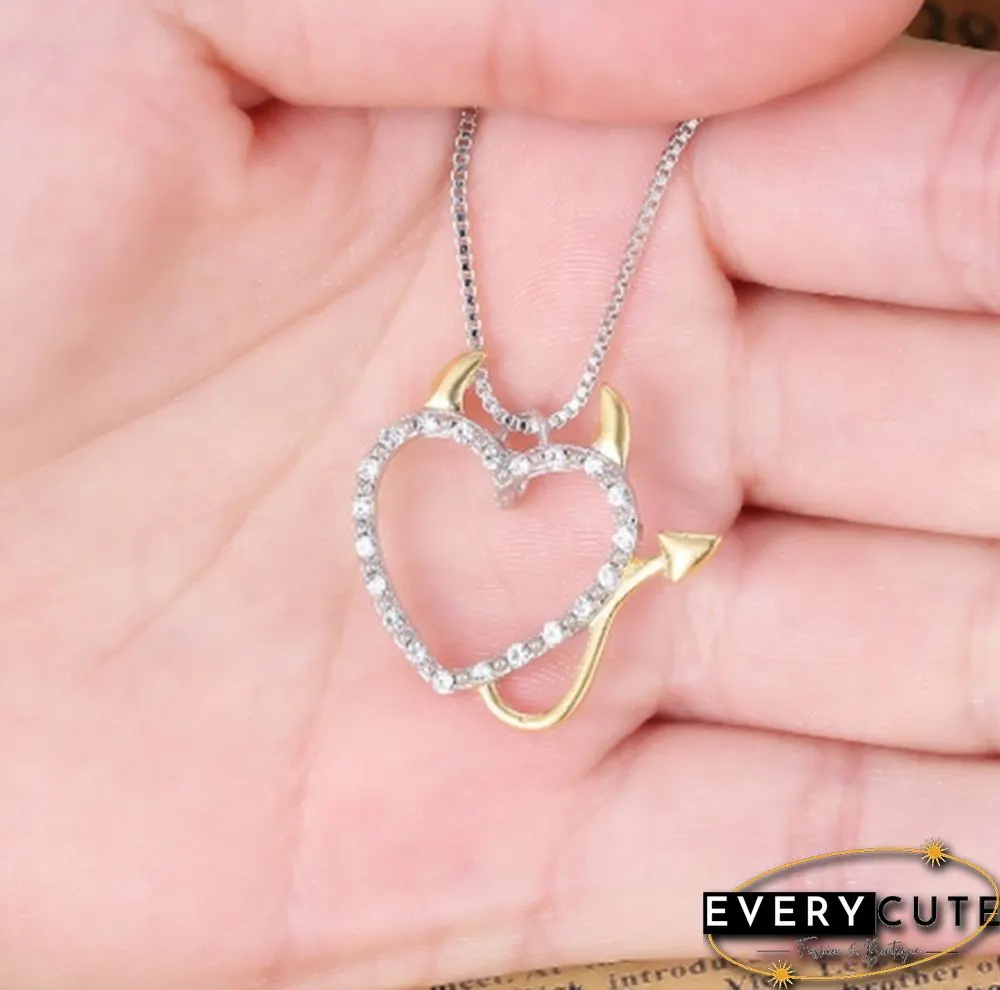 925 Standard Silver Love Heart Accent Devil Pendant Necklaces Jewelry for Women Summer
