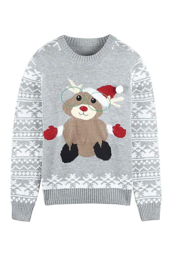 Women Crew Neck Reindeer Snowflake Ugly Christmas Sweater Gray-elleschic