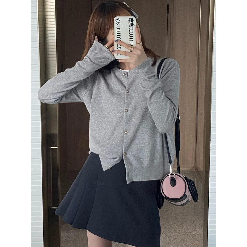 Brownm Brownm Gray Knitted Cardigan Women's Autumn With High-End Sweater Coat Early Autumn Temperament Long Sleeve Top