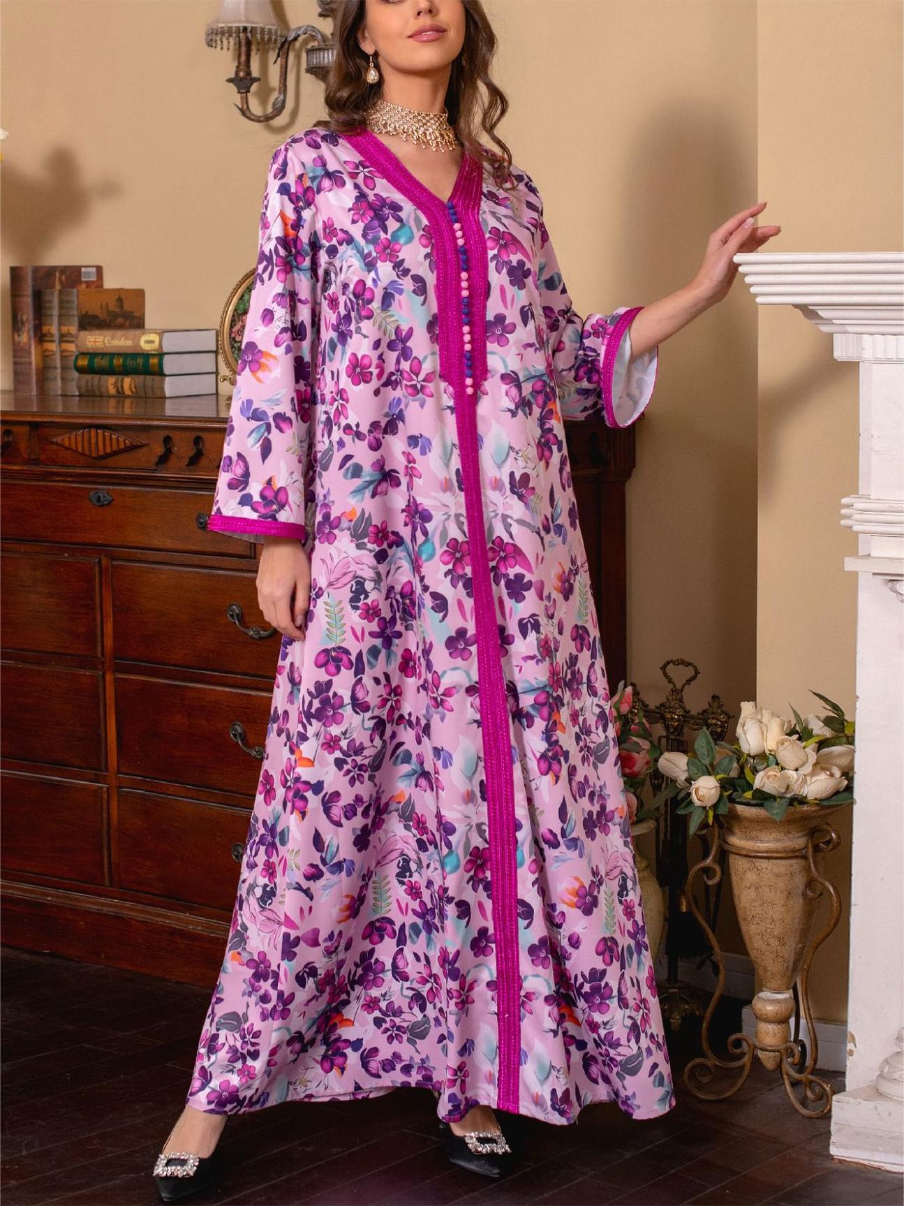 Elegant Floral Print V-Neck Kaftan | Oxredo Shop Ramadan Sale