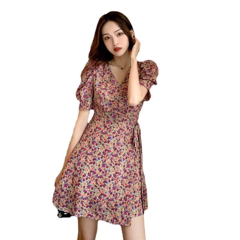Uveng Uveng Summer New Super Fairy Department Waist Show Thin V Neck Floral A Piece Of Large Pendulum Short-Sleeved Dress Female Ins