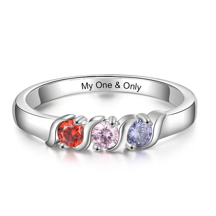 Mother Ring Personalized with 3 Stones Engraved Band Ring Custom Sterling Silver Mother's Day Gift