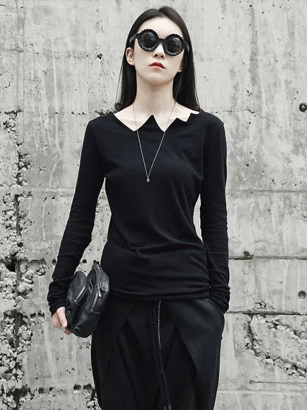 Chic Black Irregular Collar Long Sleeves T-Shirt Top