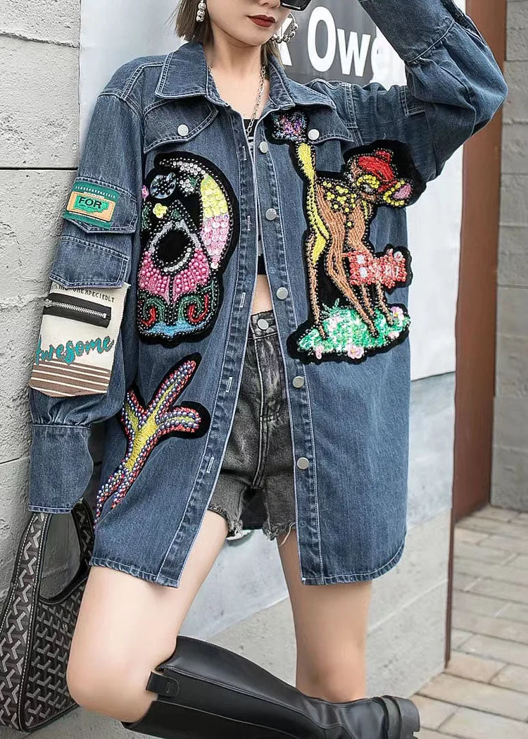 6.10Boutique Blue Embroideried Zircon Nail Bead Patchwork Denim Coat Spring