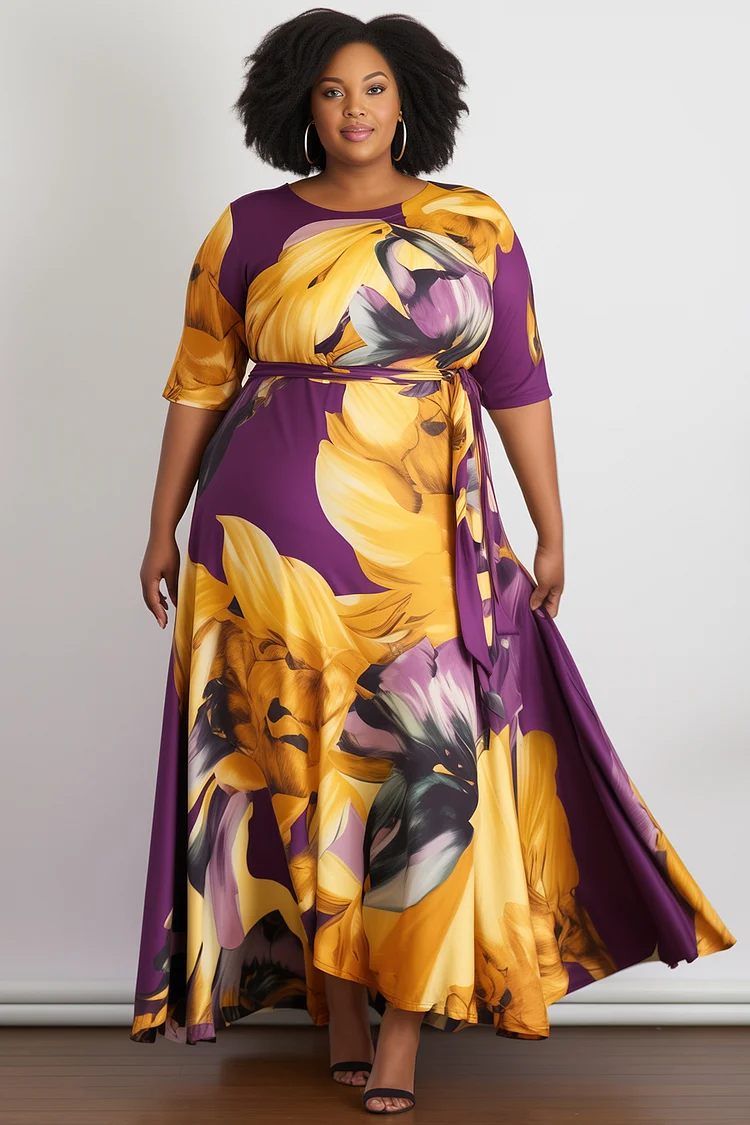 Xpluswear Design Plus Size Daily Purple Floral Round Neck Half Sleeve Pocket Wrap Maxi Dresses [Pre-Order] 2024 - Xpluswear