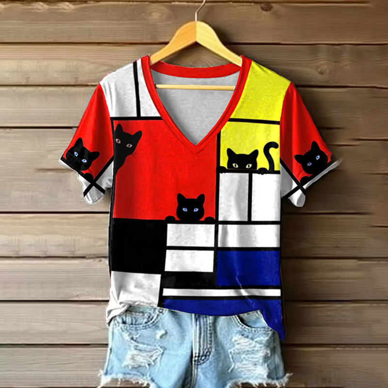 Women's Retro Funny Animal Cat Print Short Sleeve T-shirt wearshes