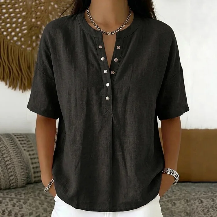 Women's Solid Color Linen Blend Short Sleeve  T-shirt