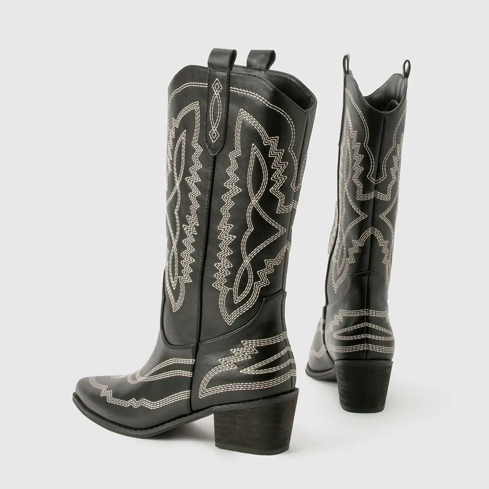 Black Pointed Toe Stitching Mid Calf Western Boots for Women