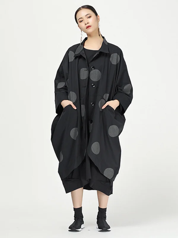 Vintage Polka-Dot Lapel Buttoned Loose Batwing Sleeve Outerwear