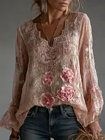 Boho Pink Roses Lace Patchwork Flowy Linen Tunic