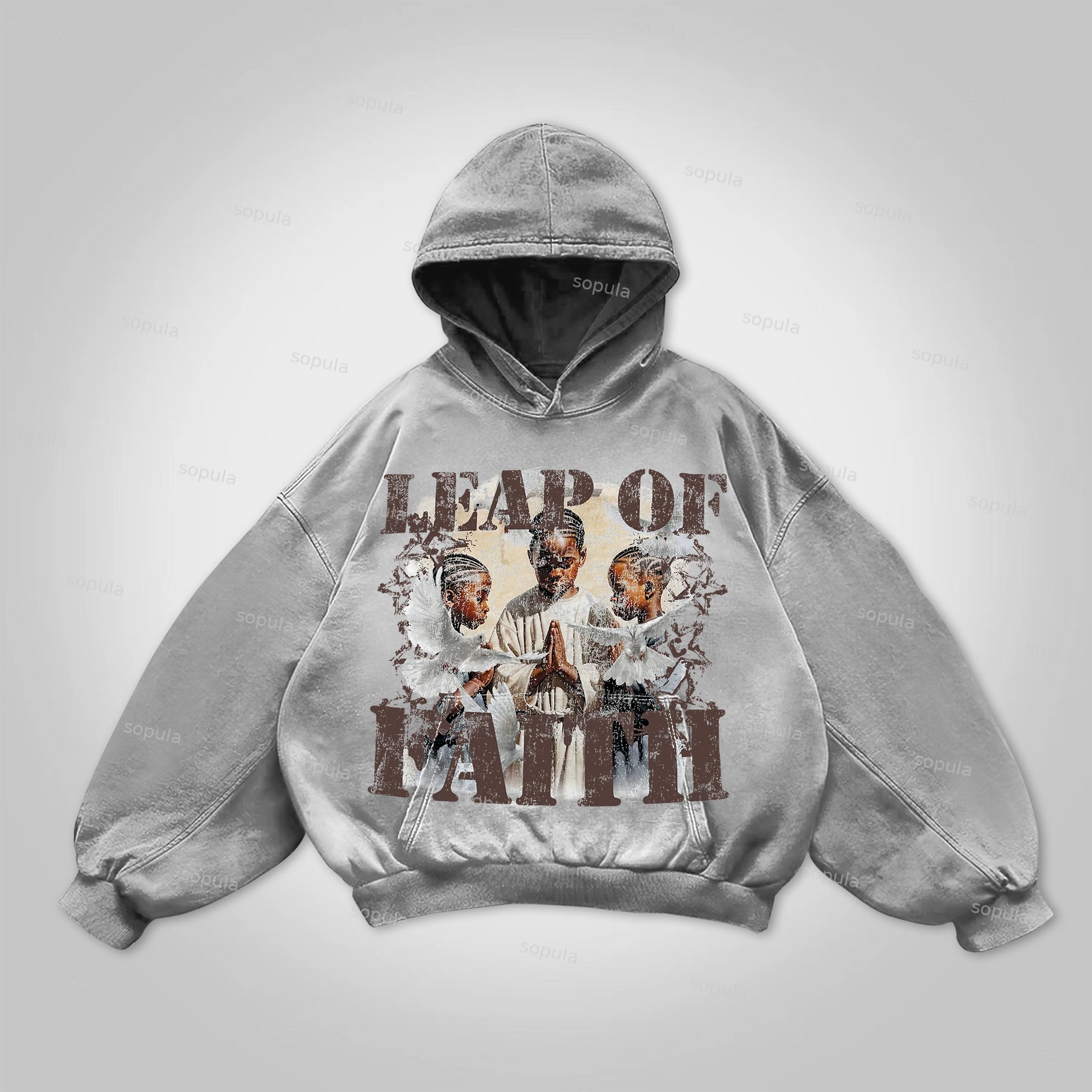 Vintage Leap Of Faith Graphic Acid Washed Oversized Hoodie - SOPULA