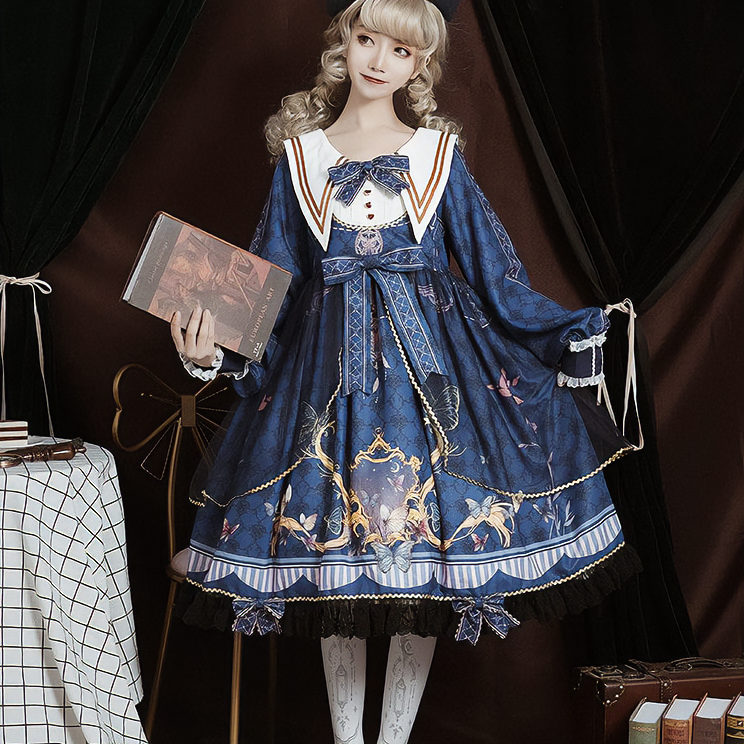 Fantasy Fairy Tale Print Bow Ruffle Collar Lolita Dress - Gotamochi Kawaii Shop, Kawaii Clothes