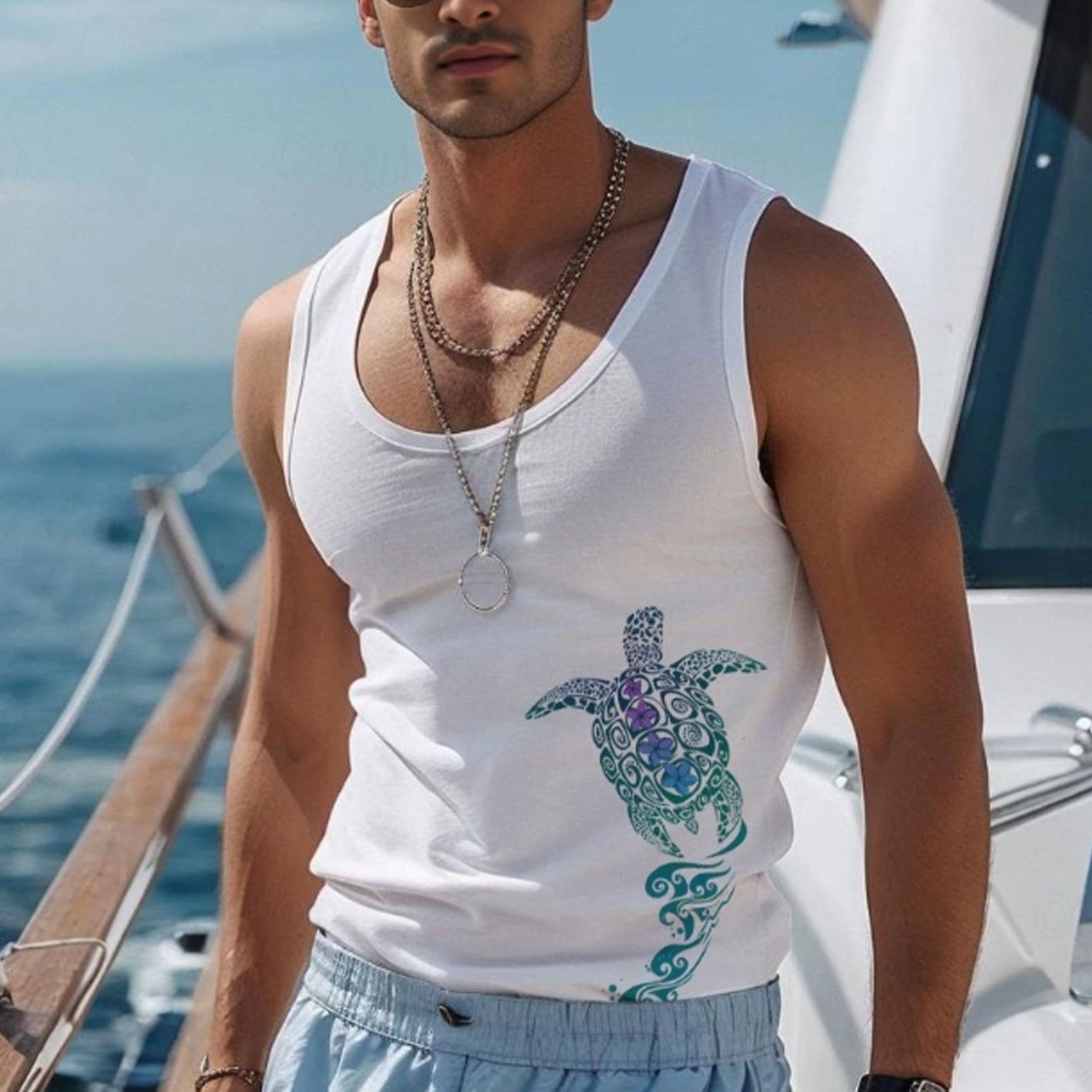 Stylish White Tank Top with Colorful Turtle Design for Summer