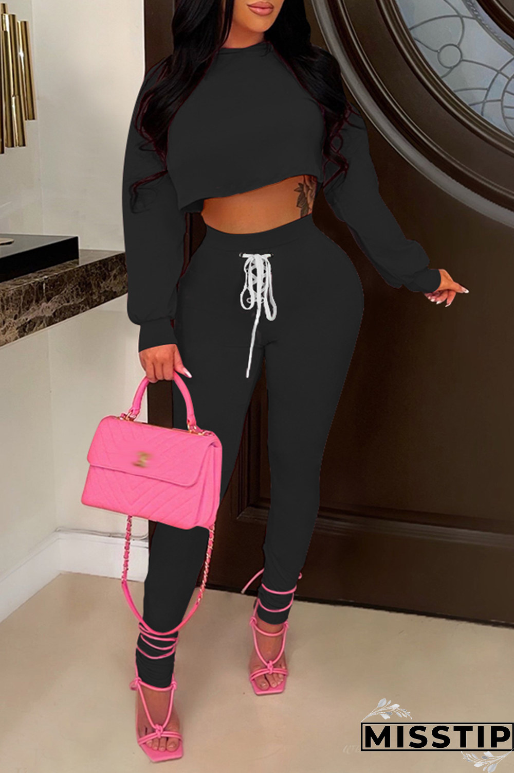Black Casual Solid Draw String O Neck Long Sleeve Two Pieces