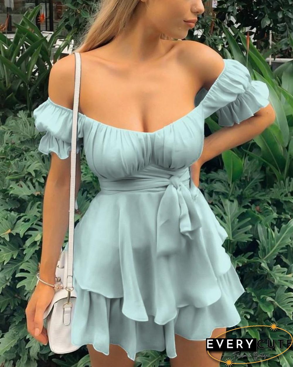 Solid Ruffles Hem Strap Short Sleeve Cold Shoulder Mini Dress P15263