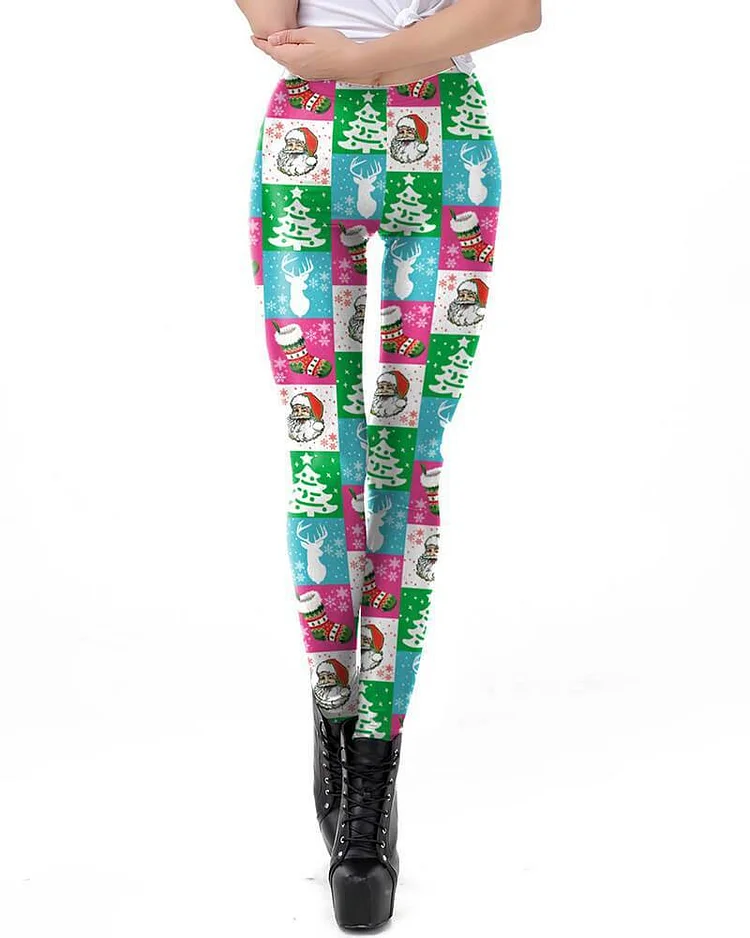 Mayoulove Plaid Santa Claus And Christmas Stocking Printed Blue Green Leggings-Mayoulove