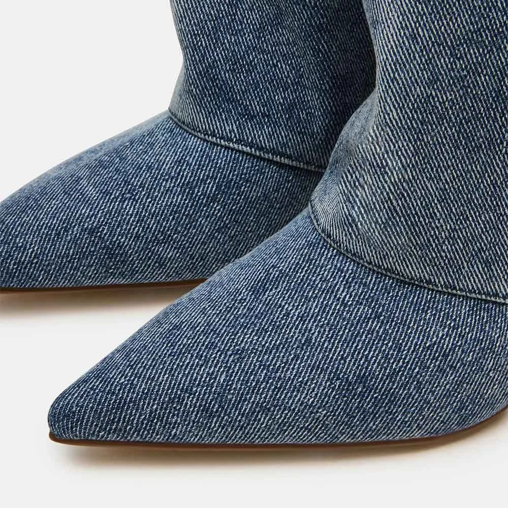 Stylish Denim Pointed Toe Pull On Knee High Heeled Boots in Blue