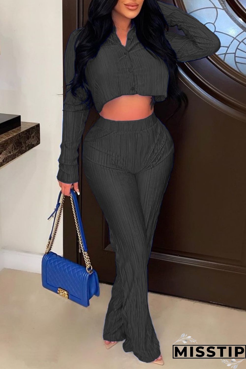 Black Casual Solid Patchwork Turndown Collar Long Sleeve Two Pieces