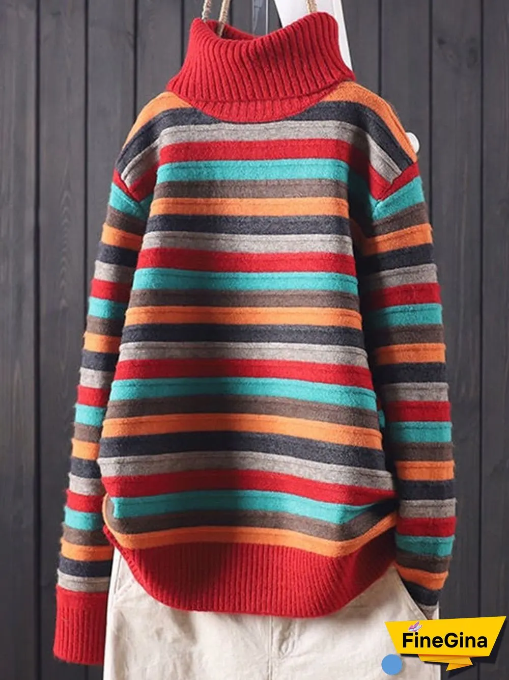 Women's Retro Colorful Striped Loose Lazy Style Turtleneck Knitted Sweater