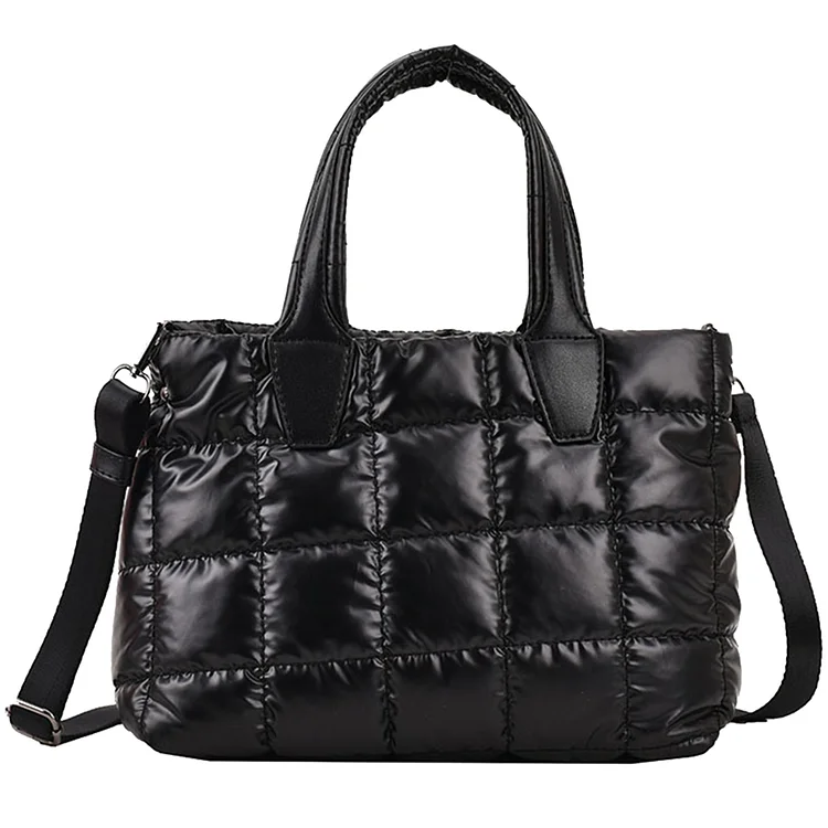 Women Puffy Tote Handbag Soft Quilted for Female Outdoor Shopping (Black)