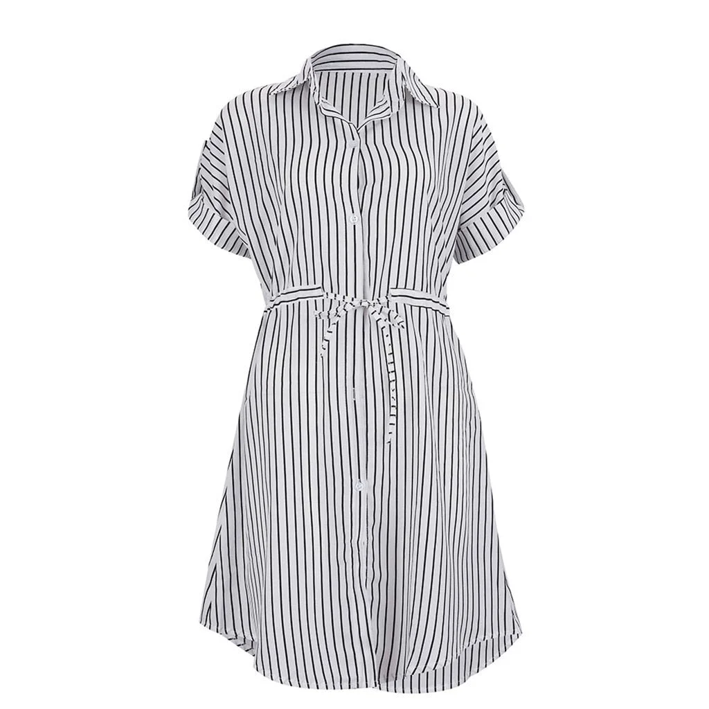 Fashion Striped Bandage Dress Ladies Sexy V-Neck Loose Shirt Dress Sundress Women's Casual Beach Party Dress Vestido de fest