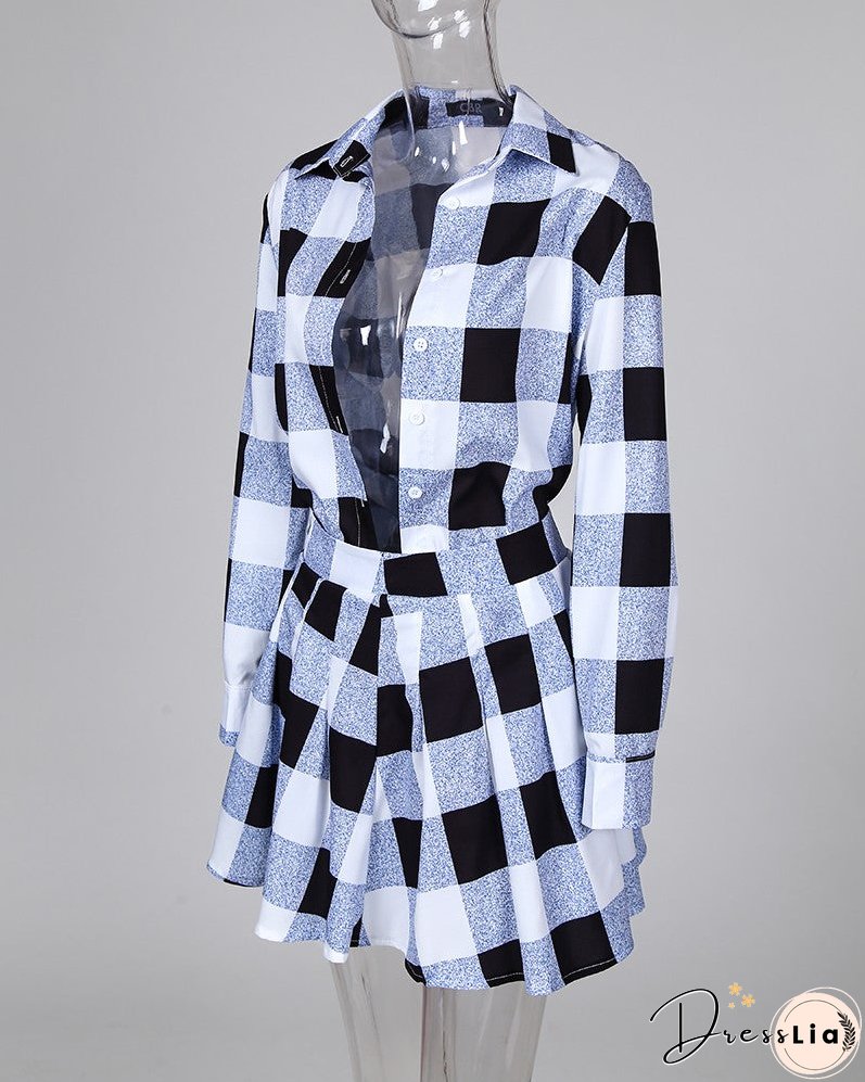 Plaid Colorblock Shirt & Tight Wasit Pleated Skirt Sets