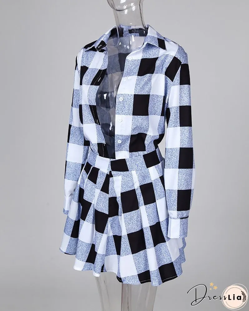Plaid Colorblock Shirt & Tight Wasit Pleated Skirt Sets