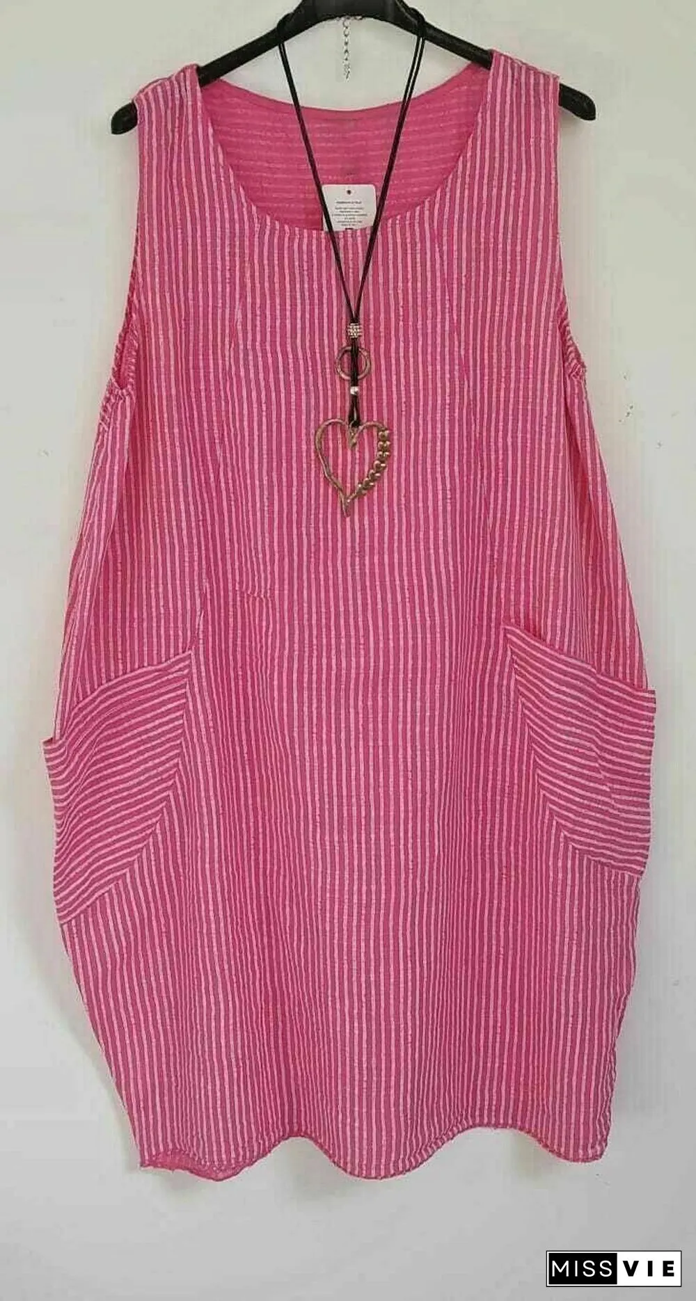 Ladies Stripe Design Summer Linen Cotton Long Pocket Top