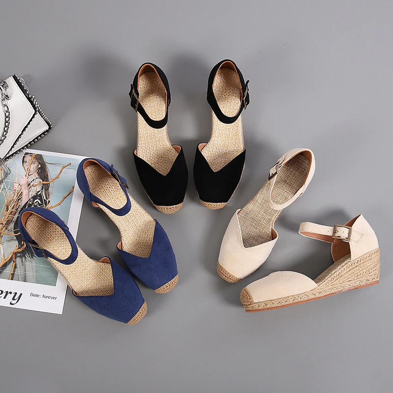 Wongn Wongn Shoes Female Slope Heel Platform New Spring And Autumn Suede One Word Buckle High Heel Hollow Single Shoe Straw Woven