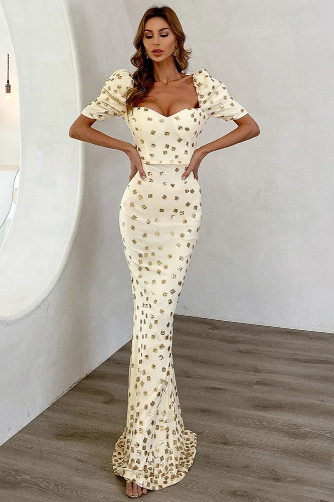 Elegant Puff Sleeve Mermaid Long Evening Party Dress - lulusllly