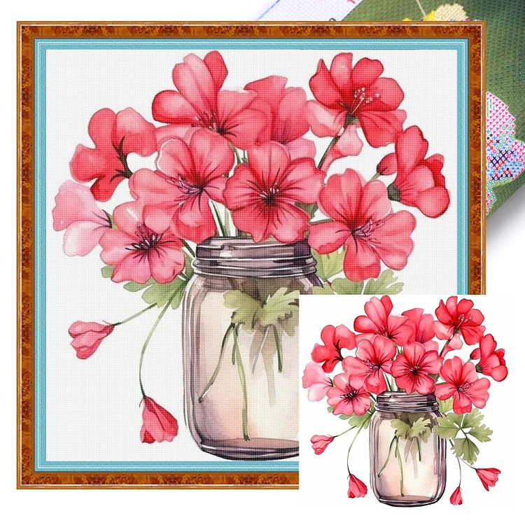 【Yishu Brand】Red Geranium 25*25cm 18CT Stamped Canvas Cross Stitch gbfke