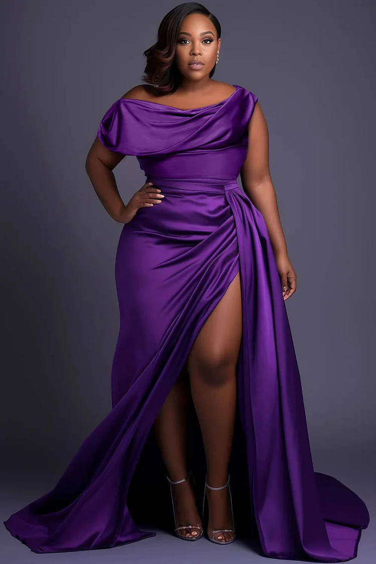 Xpluswear Design Plus Size Formal Purple Oblique Collar Cap Sleeve Split Ruffled Fold Satin Maxi Dresses Xpluswear