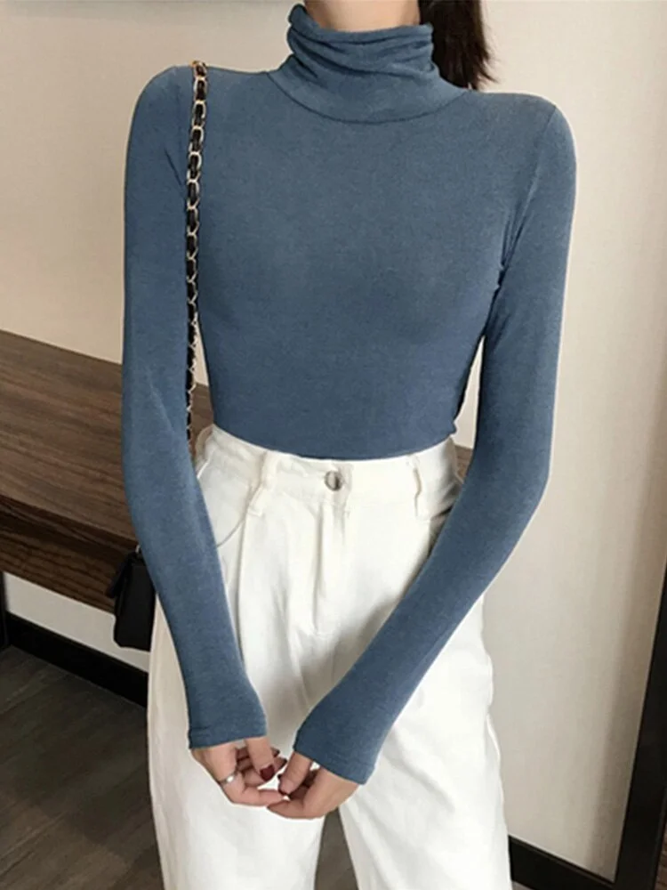 Black White Turtleneck Female T-shirts autumn Fashion Elegant Women solid Long Sleeve T shirt slim Casual basic Tee top