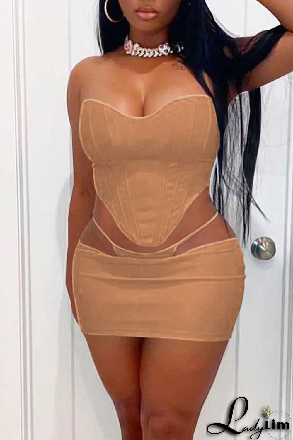 Khaki Sexy Solid Split Joint Asymmetrical Strapless Sleeveless Two Pieces