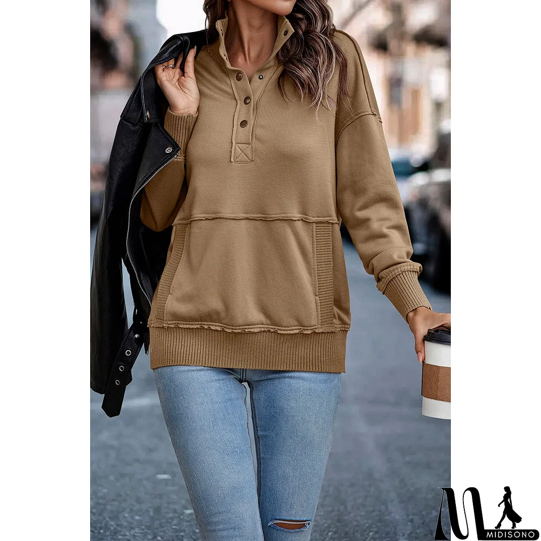 MidiSono - Chic Collared Block Button-Up Sweater