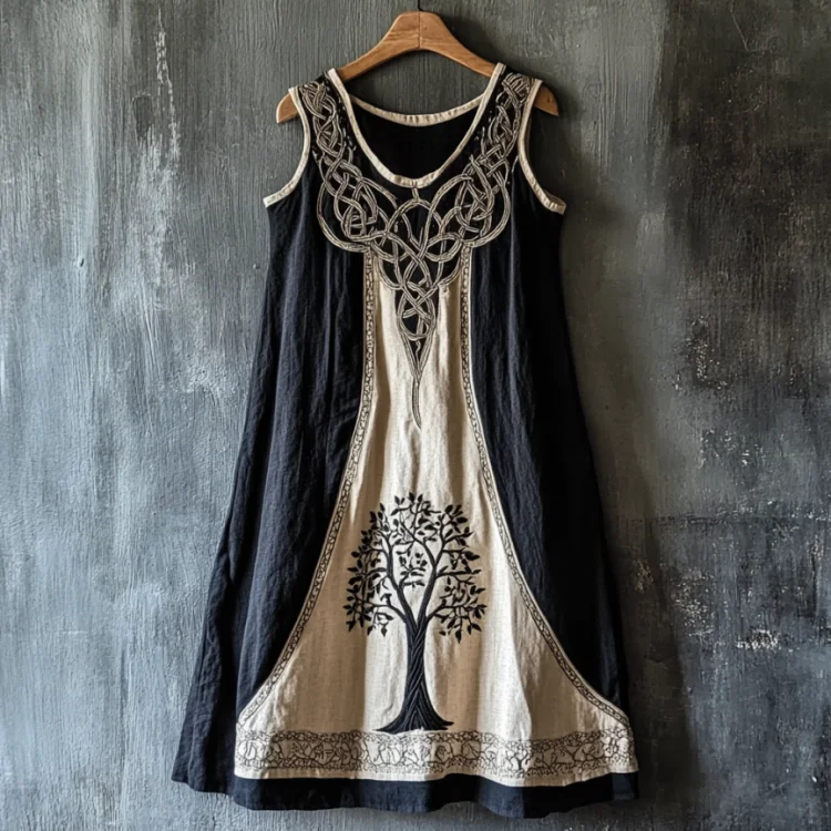 Vintage Viking Tree Of Life Art Linen Sleeveless Maxi Dress