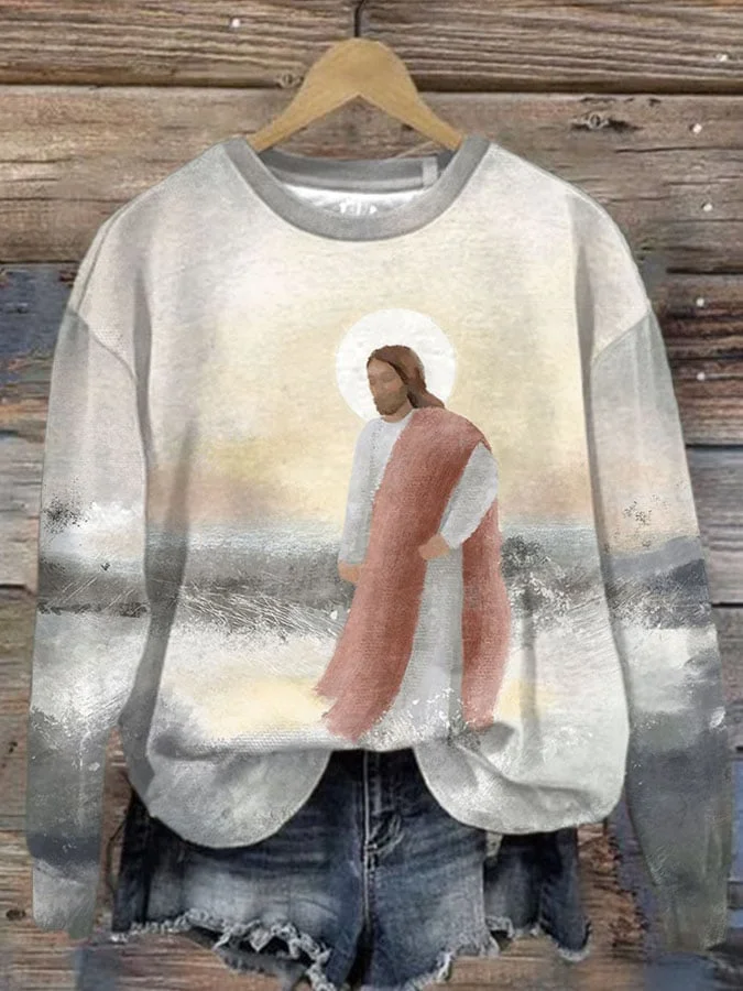 Women's Casual Jesus Christ Illustration Print Long Sleeve Sweatshirt