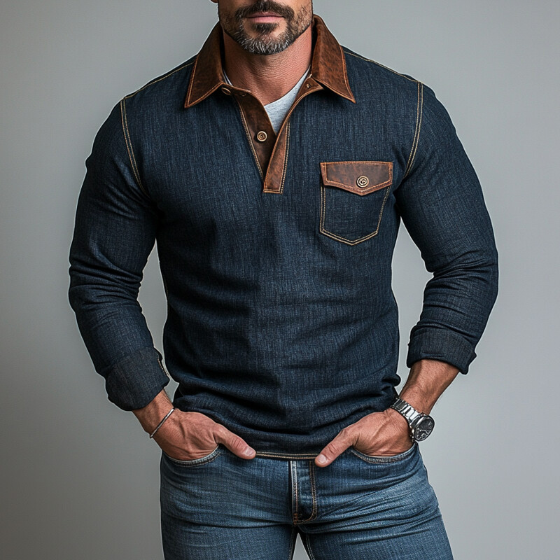 Men's Denim PU Leather Patchwork Turndown Collar Chest Pocket Long Sleeve Polo Shirt