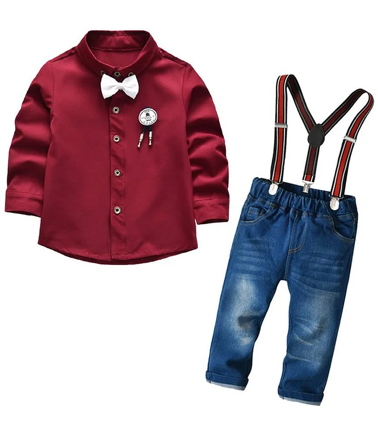 Dark Red Cotton Shirt With Bow Tie And Suspender Jeans Boys Outfit Set-Mayoulove